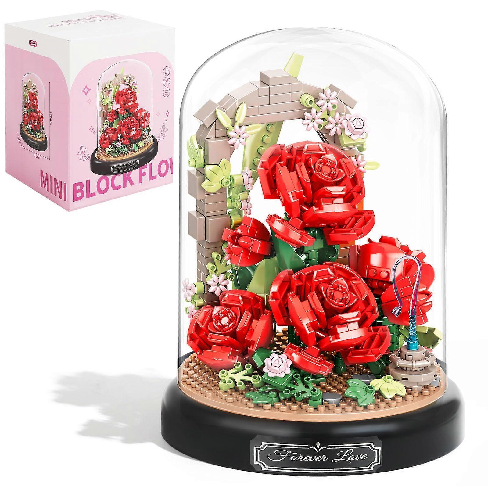 "Red Rose Building Set for Adults, 574-Piece Botanical Collection with Dust Protection, Romantic Flower Arrangement"