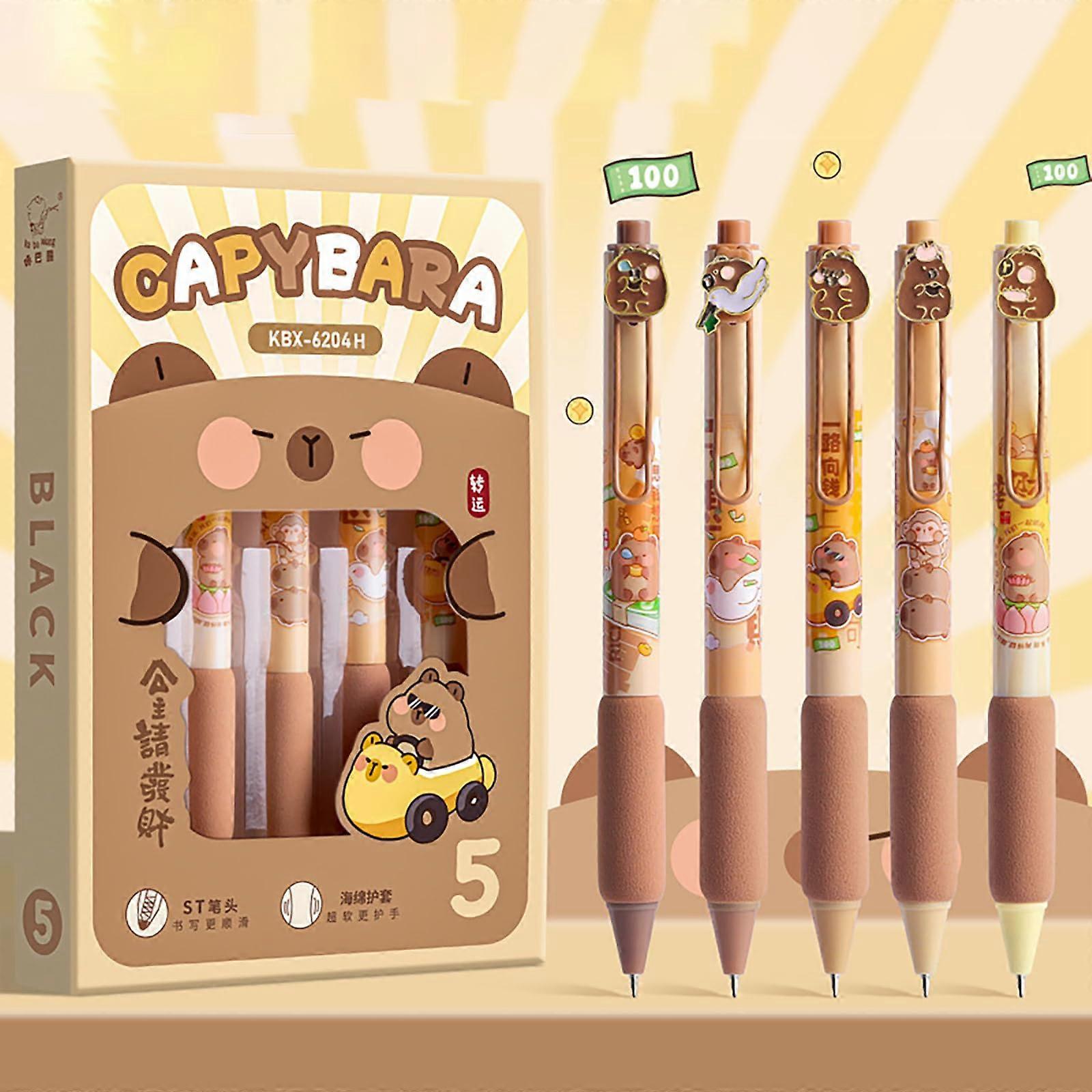 Kawaii Capybara Pressing Gel Pens Set Black Ink 0.5mm Ballpoint Pens for School Office Stationery Pack of 5