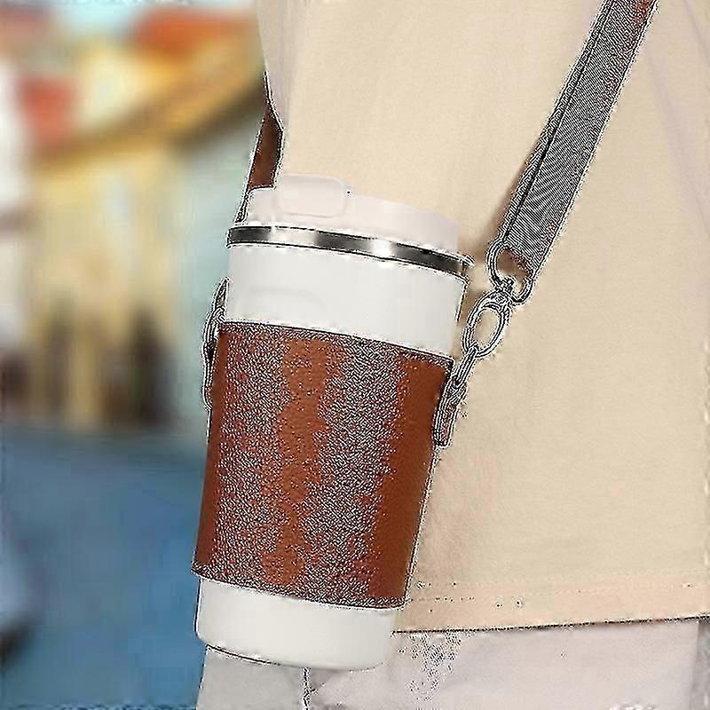 Bärbar mugghållare i PU-läder, mugghållare i PU-läder med axelremmar, återanvändbar lädermugg för kaffe