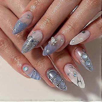 Blau Fake Nägel Medium Druck auf Mandel Nägel Schmetterling Full Cover Acryl