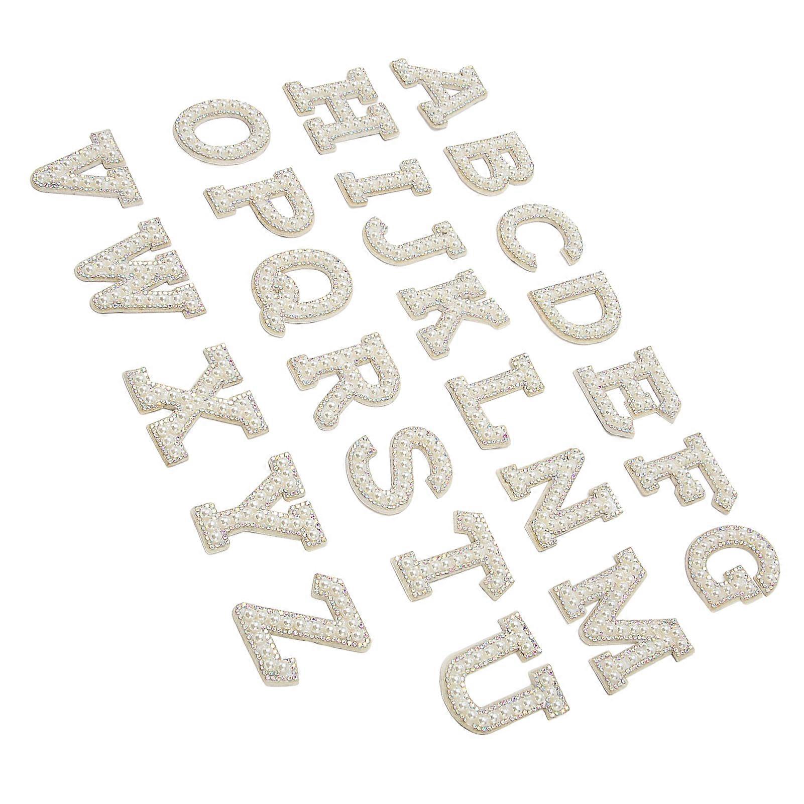 26Pcs Iron On Patches Alphabet Style Faux Pearl Rhinestone Elegant Easy to Use Letters Patches for Hat Backpack Shirt 