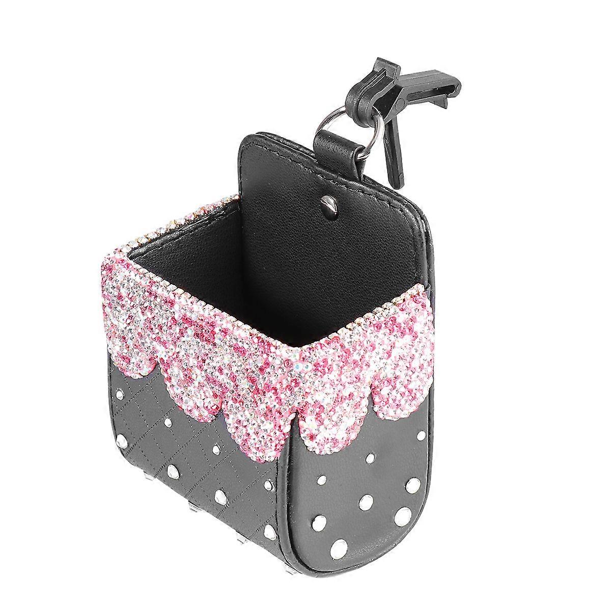 Pink Car Seat Storage Box with Rhinestone Decor Made of PVC for Holding Phone Bottle and