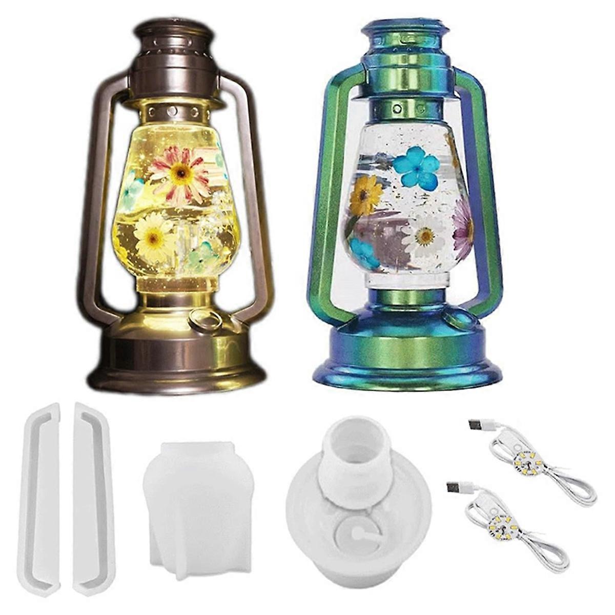 Oil Lamp Resin Molds Set, 6Pcs Epoxy Light Molds for Resin Casting with 2pcs LED Lights for DIY Retro Lantern Long One