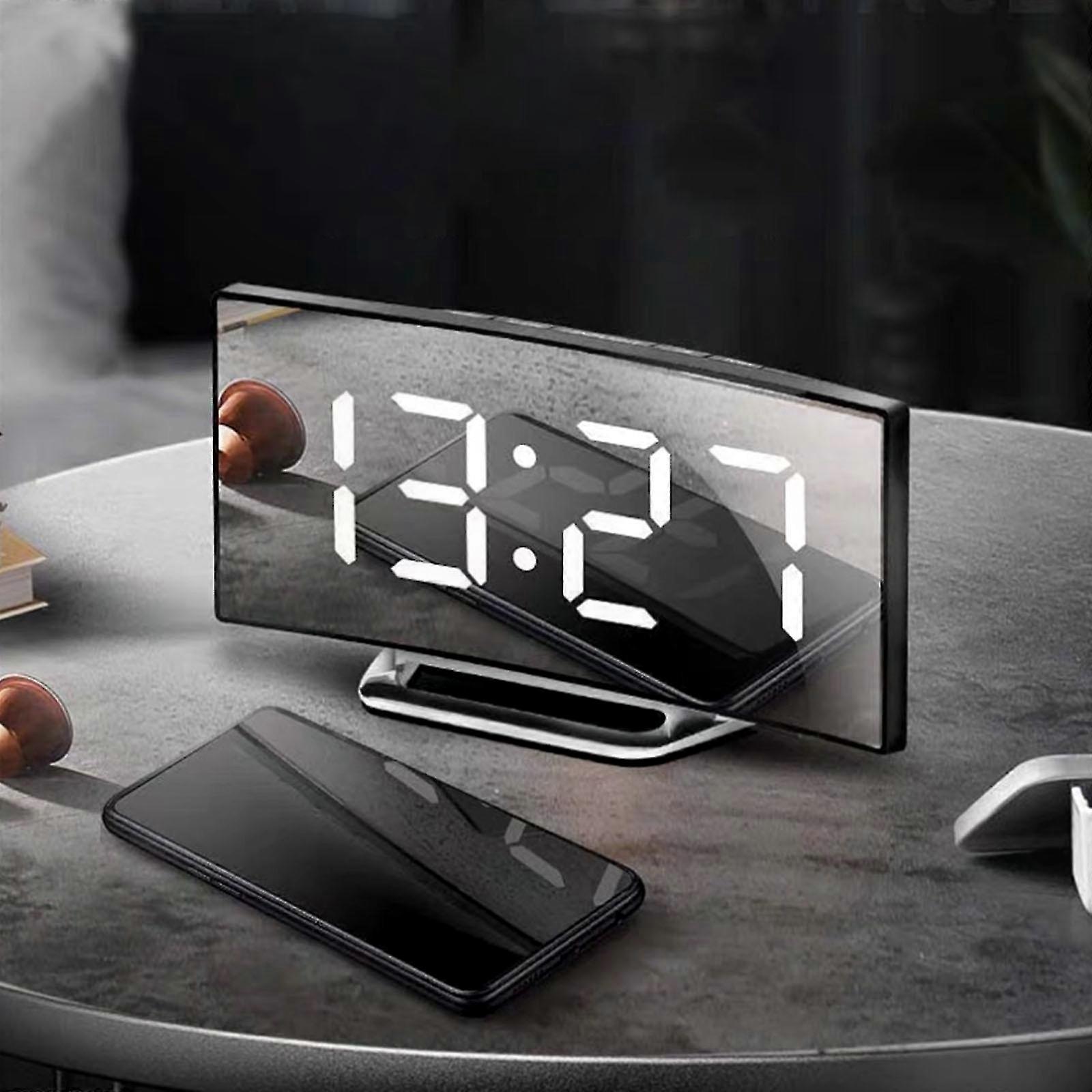 Curved Mirror LED Digital Alarm Clock with Temperature Display, USB Powered, Silent Operation for Home Office Decor