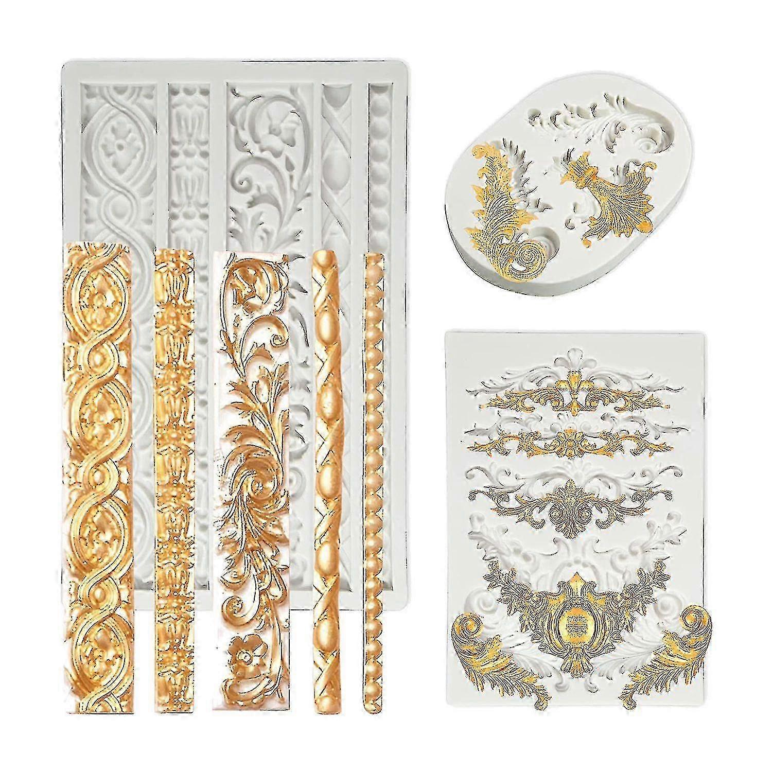 2025 Three Packs of Baroque Scroll Silicone Fondant Molds with Borders