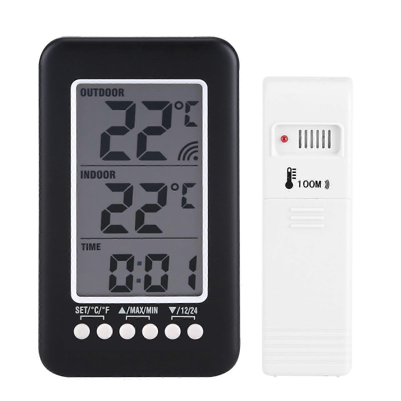 LCD Digital Indoor Outdoor Thermometer Clock Temperature Meter Wireless Transmitter