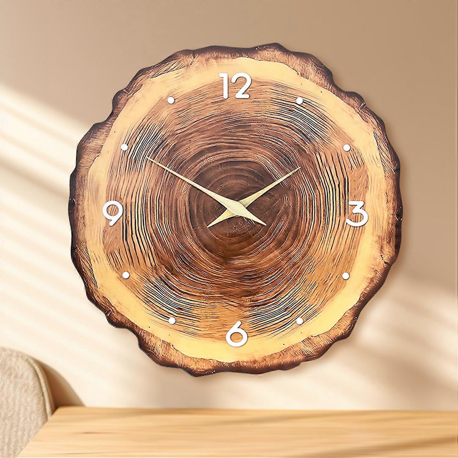 1pc wooden ring veneer wall clock, flat wood cross section texture pattern solid wood pointer design wall clock, silent clock
