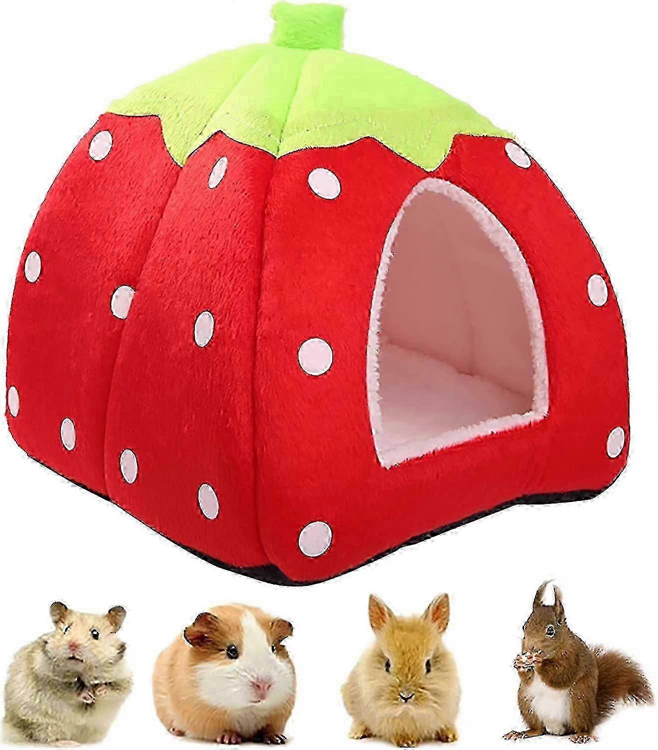 Guinea Pig & Hamster Warm Winter Nest - Non-Slip Strawberry House with Removable Pad, Hideout Bed for Small Animals