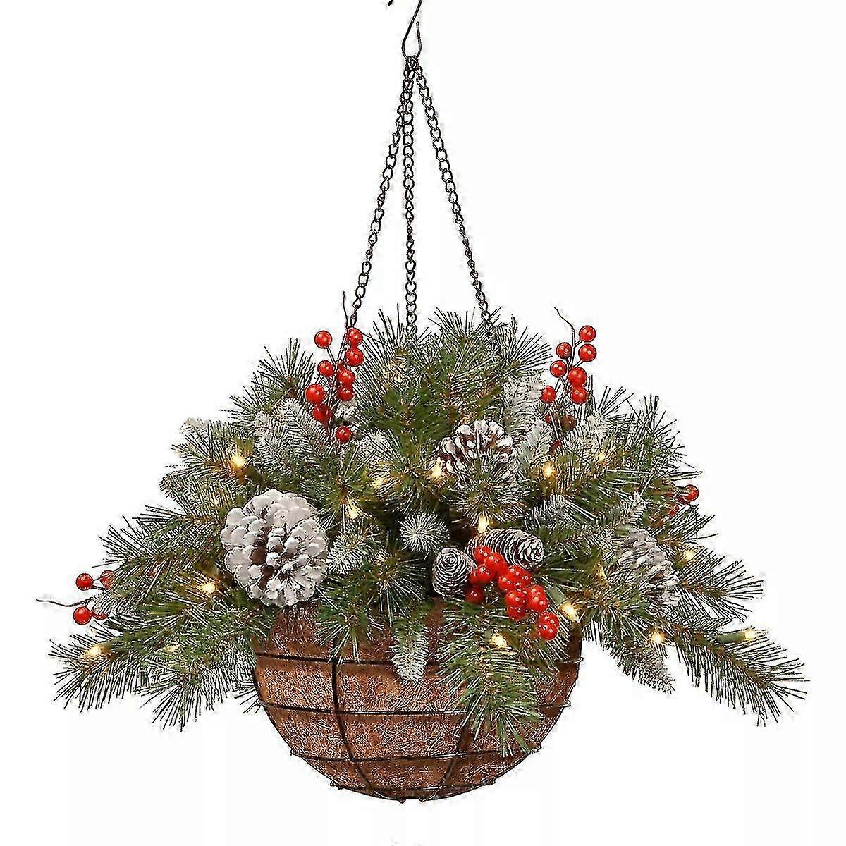 Pre-lit Artificial Christmas Hanging Basket with Frosted Pine Cones