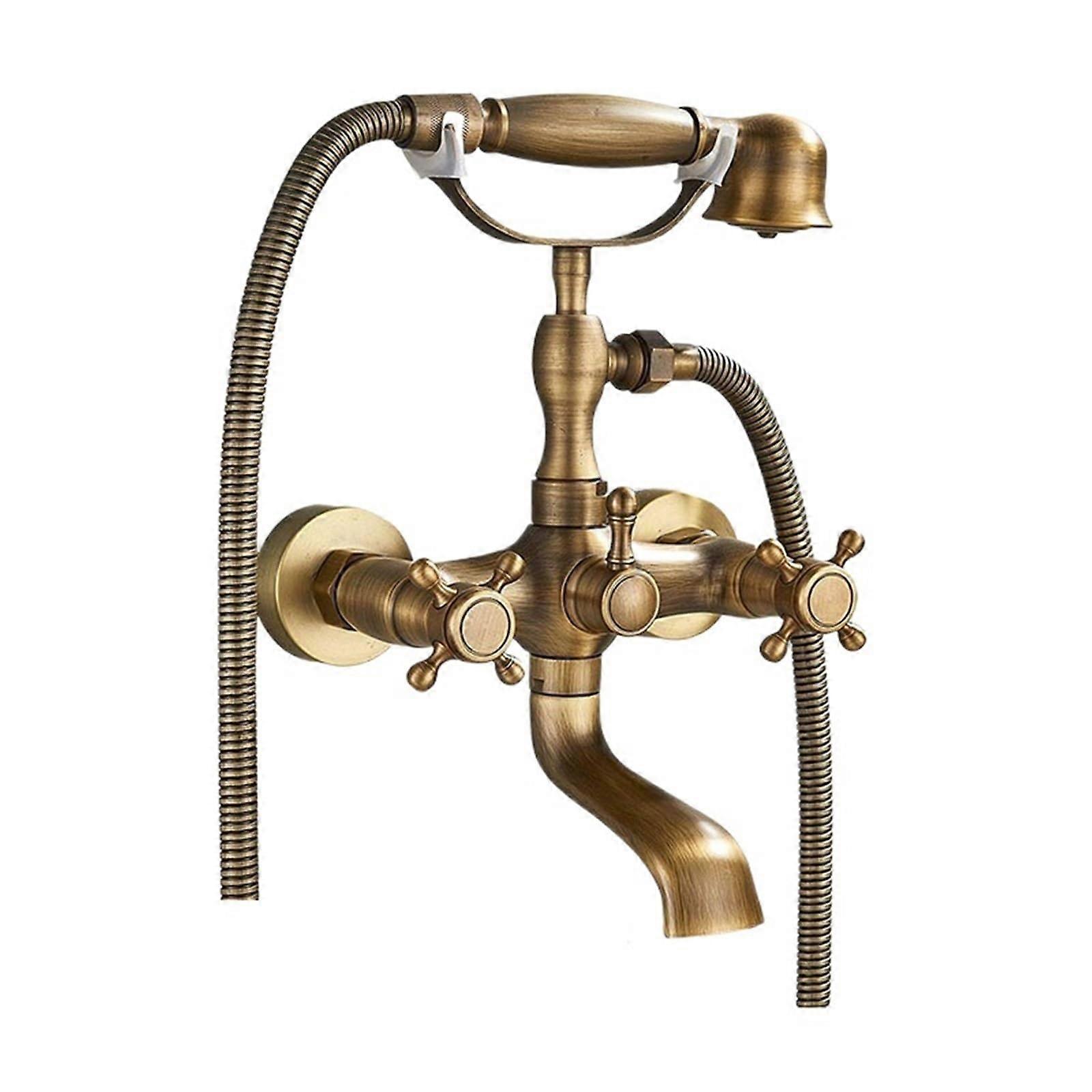 Antique Brass Wall Mounted Bathtub Shower Faucet Set with Dual Handle and Swivel Spout