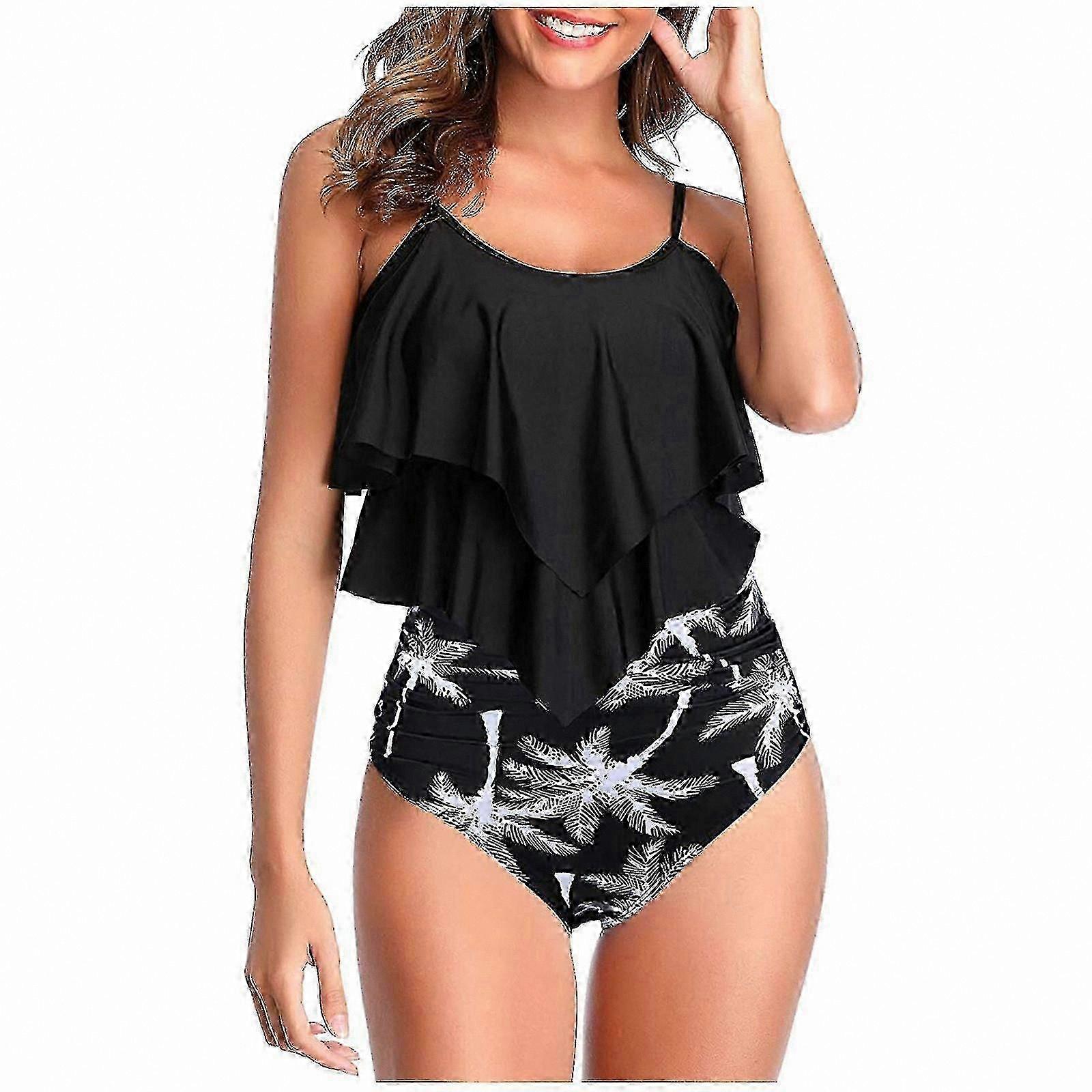 Women's High Waisted Bikini Set with Ruffled Top and Ruched Bottom