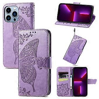 Case For Iphone 13 Light Purple Embossed Butterfly Flip Leather Card And Anti-fall No5994