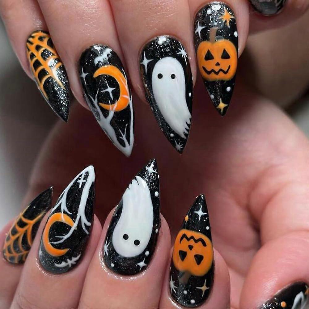 Halloween Pumpkin Ghost Press On Nails, Medium Almond Shape 24pcs Spider Web Acrylic Set