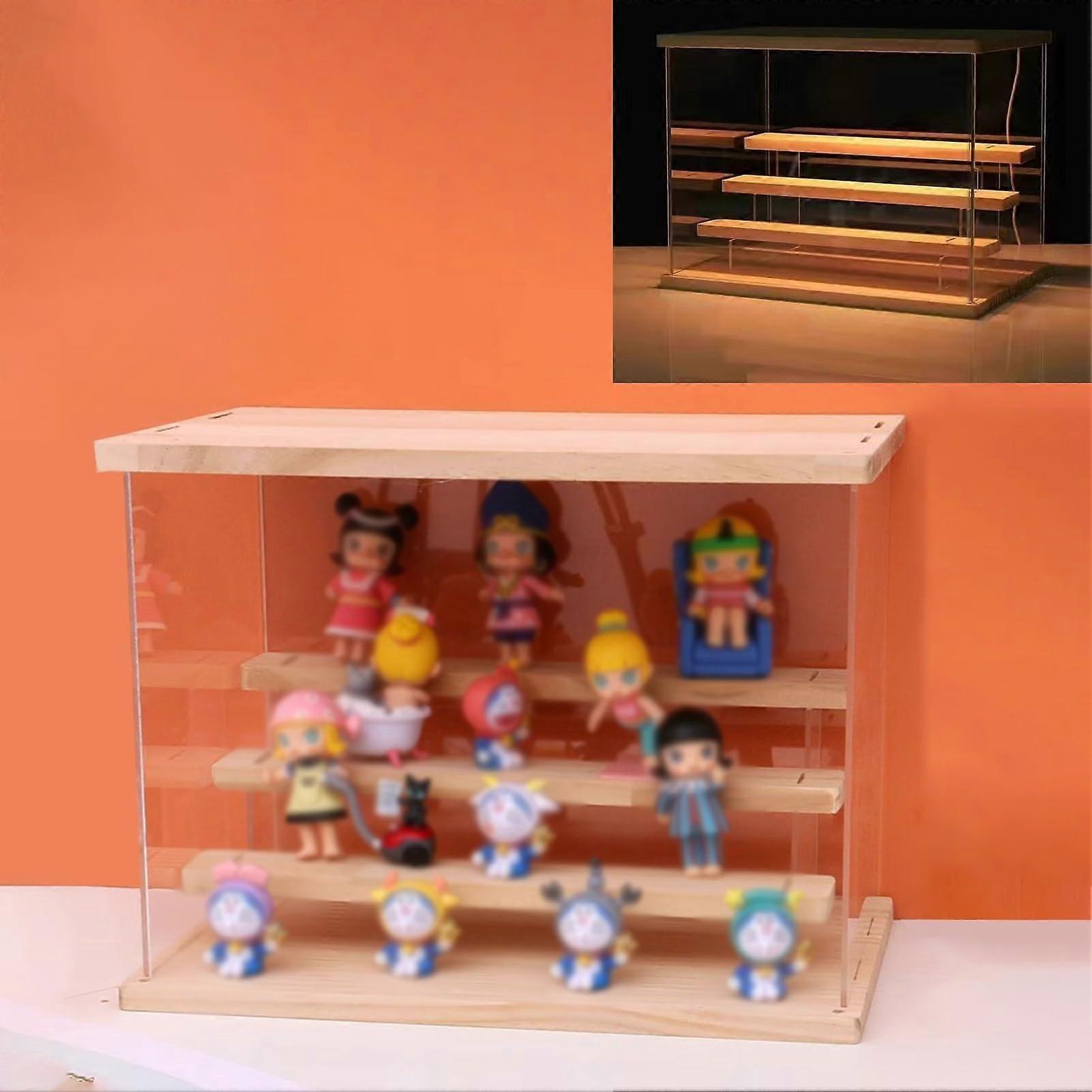 Acrylic Display Case 3 Tier Clear Dustproof Showcase with Solid Wood Base for Collectibles