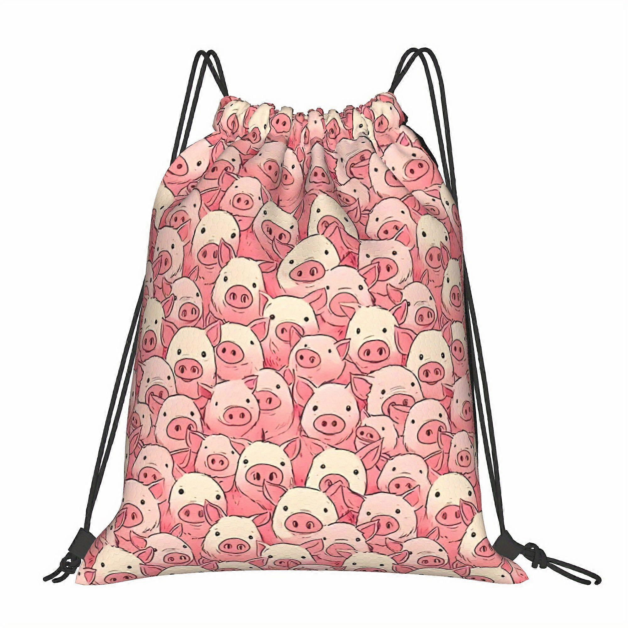 Cute Pig Drawstring Backpack - Cartoon Pig Pattern with Adjustable Drawstring Closure, Soft Shell & Practical Pockets, M-Cqazw