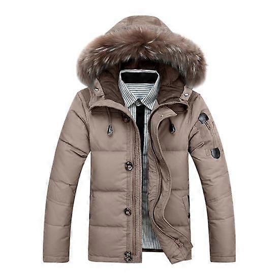 Men Down Jacket Fur Collar Hooded Drawstring Long Sleeve Solid Color Winter
