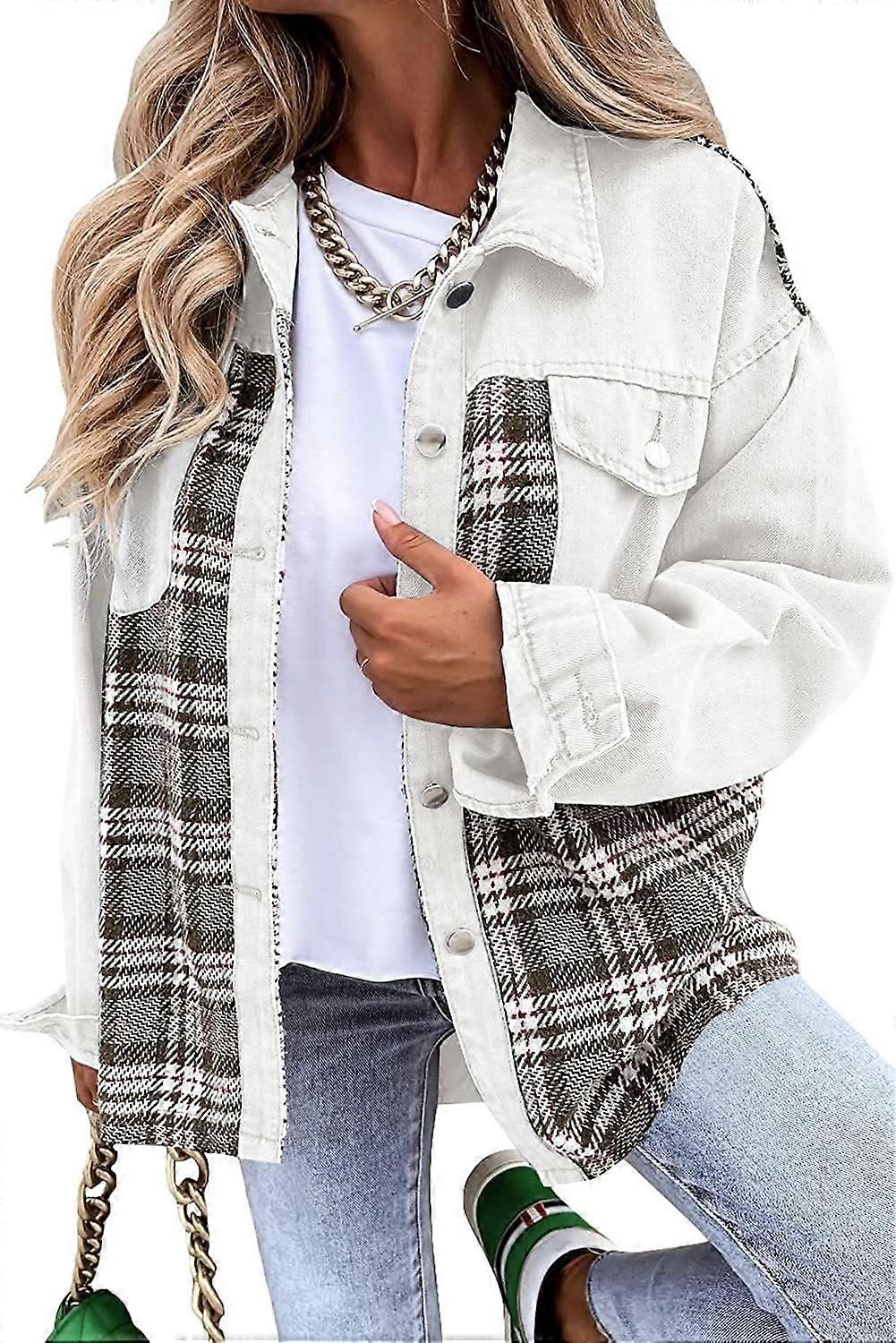 Women's Denim Jacket Long Sleeve Plaid Button Down Shirts Shacket Jacket