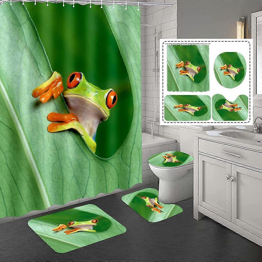 Frog Cartoon Polyester Shower Curtain Set with Bath Mat