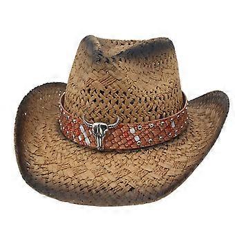 Khaki Black Straw Cowboy Hat with Bull Skull Wide Brim Sun Hat