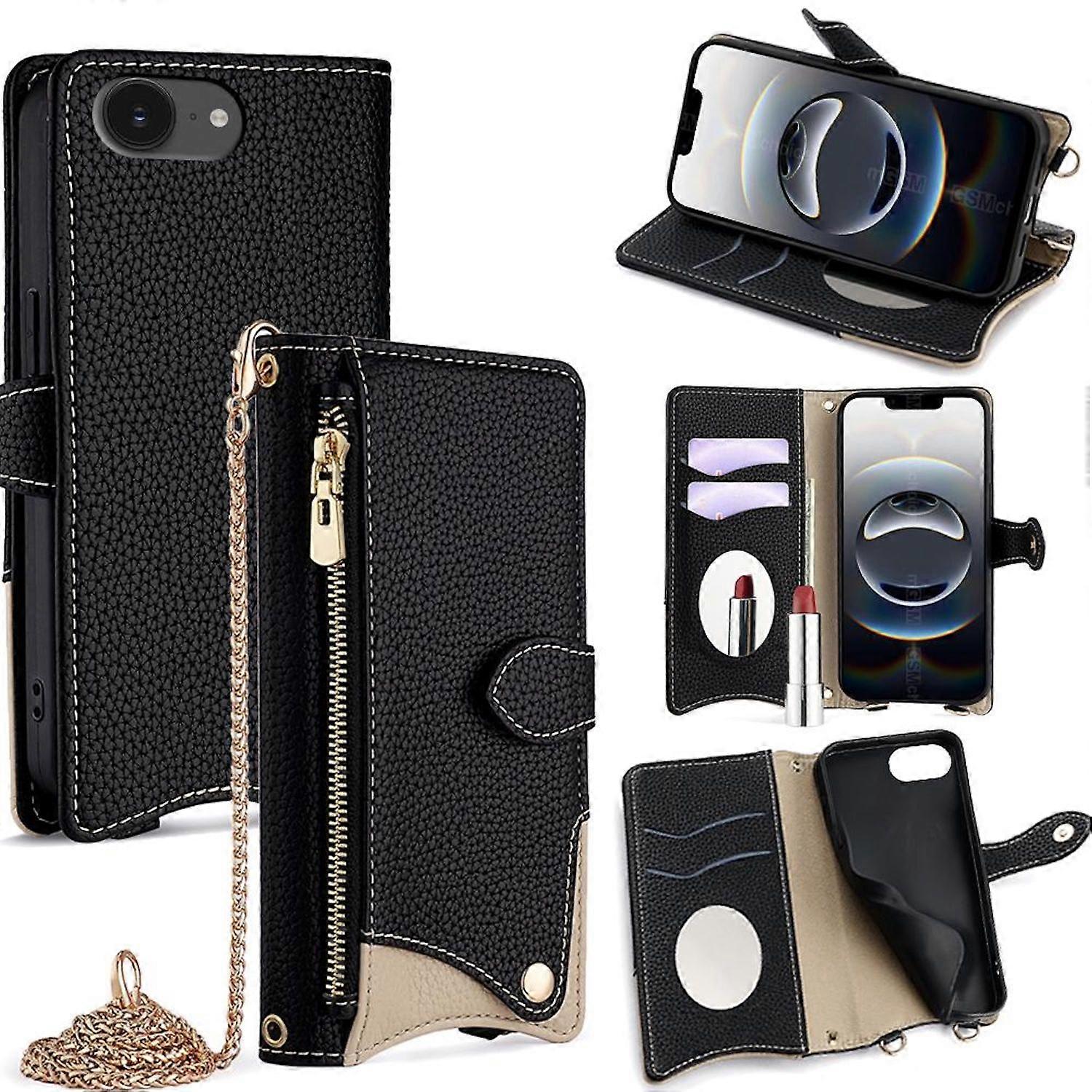 Phone case for Apple iPhone 17e / 16e, crossbody faux leather flip case, black