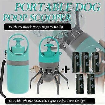 Dog Poop Scooper Set, Portable with Bag Dispenser, 6-Piece, Cyan Plastic, 75 Bags (5 Rolls) Paw Print Design for Outdoor Waste Pick-Up