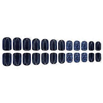 Press On Nail Dark Blue Leopard Accent Set, Short Square Glossy False Nail, Manicure Kit for Daily Wear and Photos Multicolor
