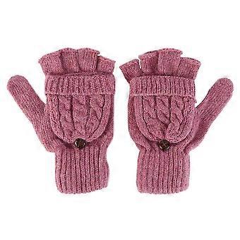 Women Winter Warm Wool Knitted Convertible Fingerless Gloves With Mitten Cover (Pink)
