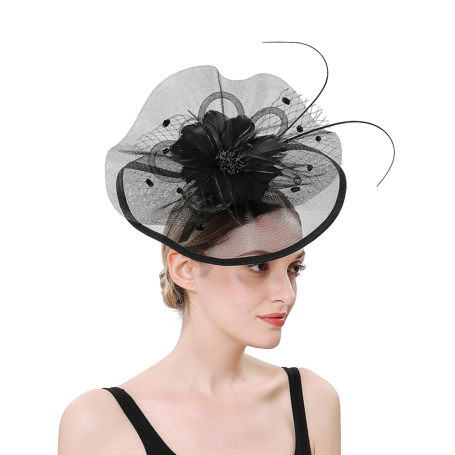 Women Girl Fascinator Hat Alice Headband Hairpin Mesh Hat Feather Cocktail Wedding Kentucky Derby Te