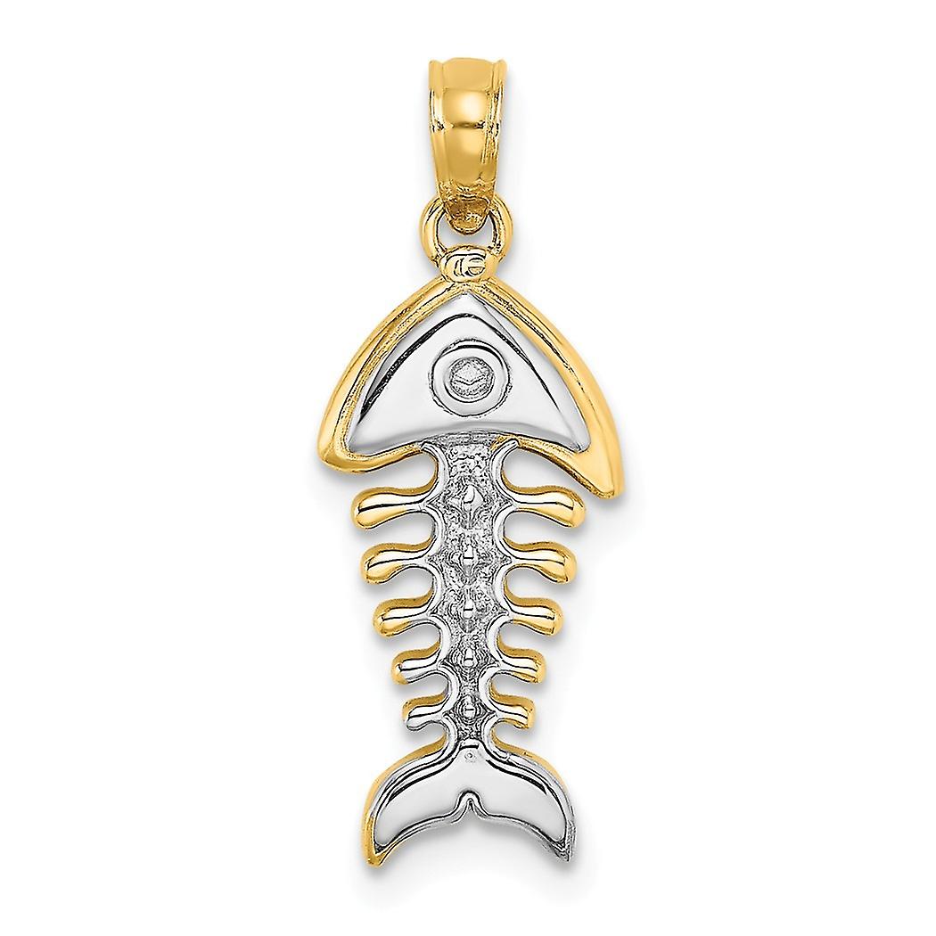 14kツートンゴールド3 d動物シーライフフィッシュボーンペンダントネックレス-2色17.4x8.8mm幅2.5mm厚-女性用ペンダント