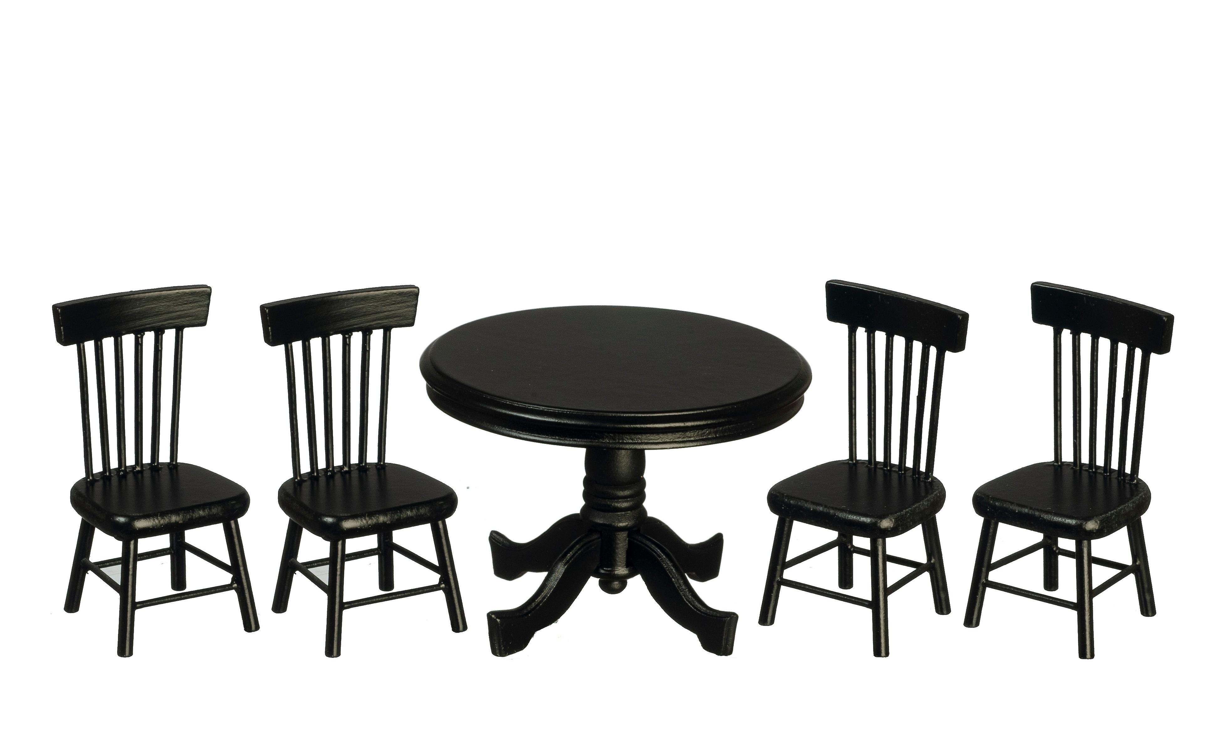 Dolls House Black Round Table & Chairs Miniature Dining Room Furniture Set