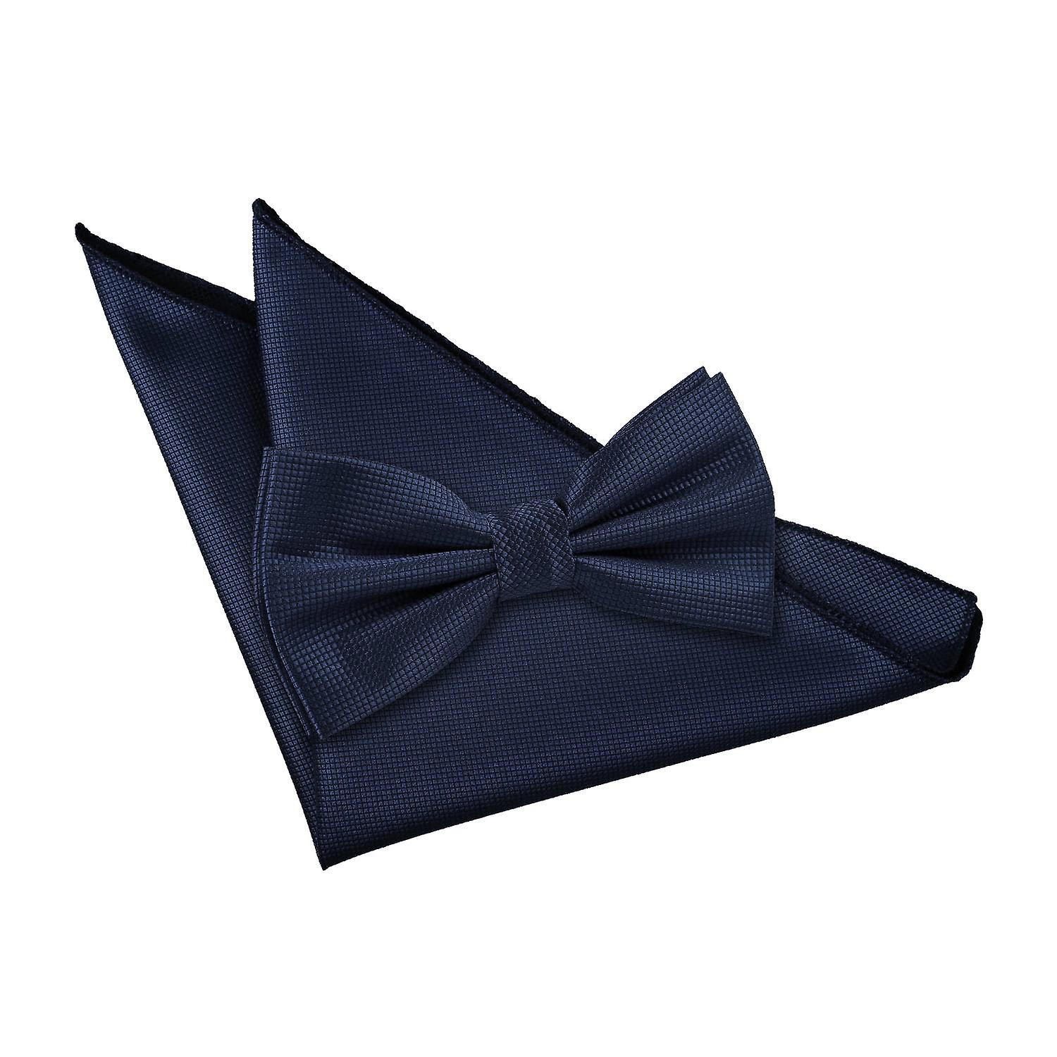 Navy Blue Solid Check Bow Tie and Pocket Square Set