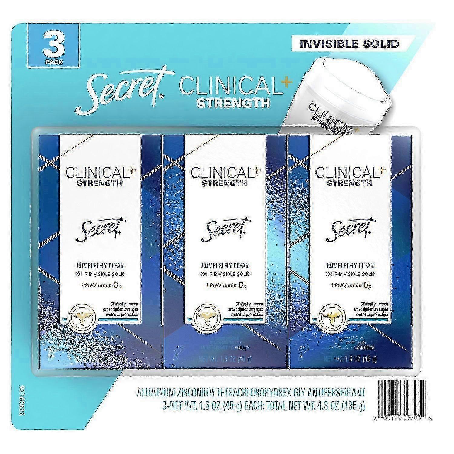 Secret Clinical 隐形固体止汗剂,完全清洁,3 片