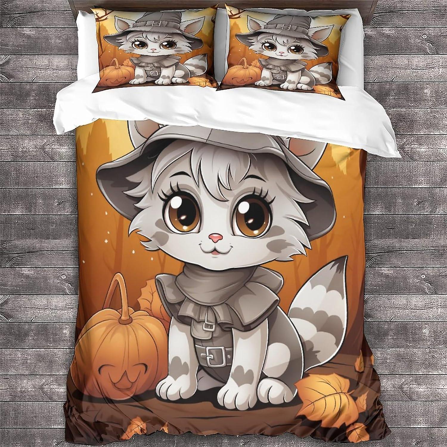 LikeEj Påslakan för katt Halloween tryckt sängkläder Set Mjukt djurtäcke i mikrofiber med dragkedja Dubbel