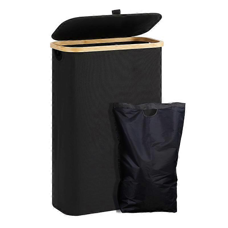 Wasmand met Deksel 48 Liter Large met Waszak Inklapbare Wasmanden met Handvatten Bamboe Wasmand Zwart