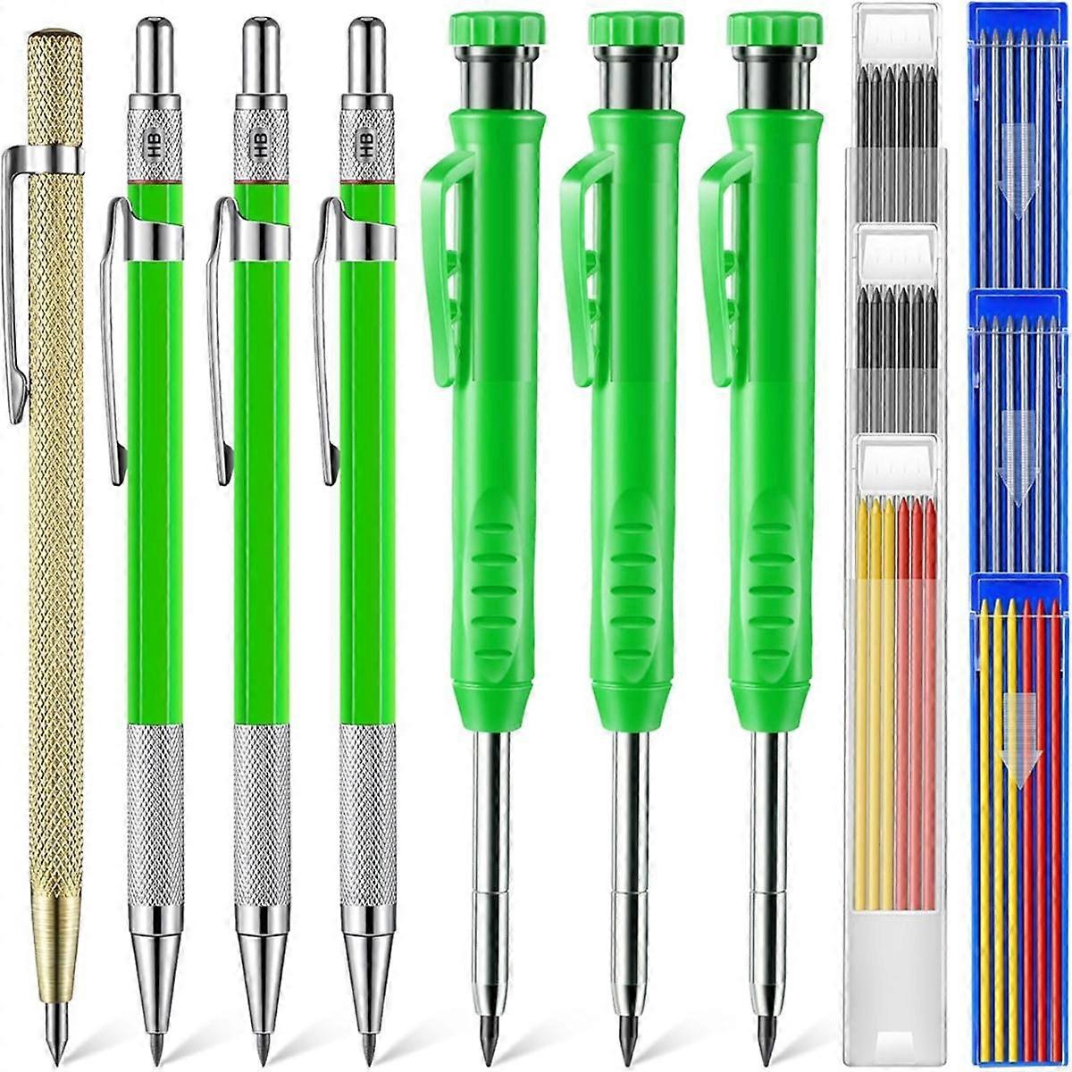 7 Pcs Carpenter Mechanical Pencil 2-In-1 Set with Solid Refills Carbide Scriber and Deep Hole for A