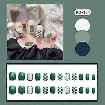 24PCS Checkerboard pregos falsos cabeça pontiaguda longa Imprensa estilo francês em unhas wearable prego acabado