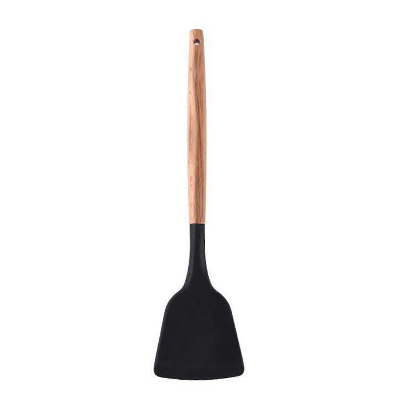 Cooking Spatula Non-deformable Anti-slip Silent Stir-Fry Heat Resistance Silicone Extended Wooden Handle Frying Spatula for Kitchen KAESI