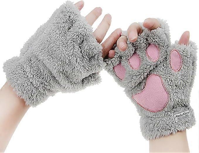 Cute Cartoon Claw Half Finger Gloves Mittens for Winter with Thick Warm Soft Plush Coral Fleece String