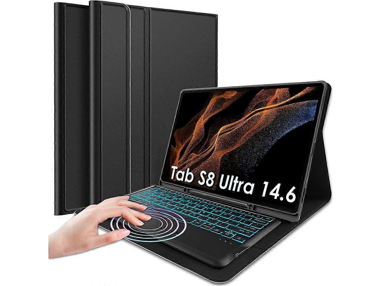 Bluetooth Touchpad Keyboard Case for Samsung Galaxy Tab S8 Ultra 2022 14.6 Inch Tablet, 7 Colors Backlight Detachable Wireless Trackpad Keyboard & Sli