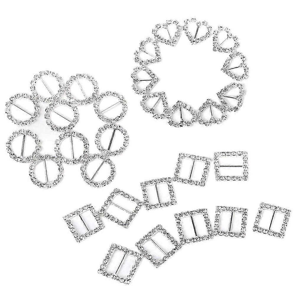 30pcs Heart / Round / Square Shape Ribbon Buckle Sliders for DIY Craft Wedding Invitation (Silver)