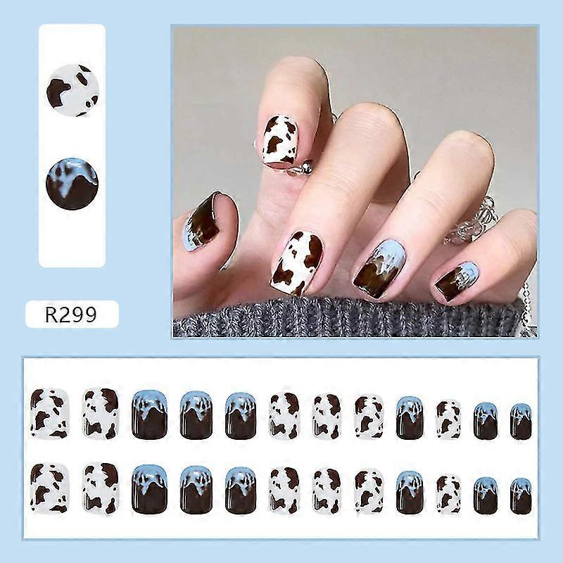 24pcs Cow Pattern Nail Patch Sweet Style Short Paragraph Removable Manicure Save