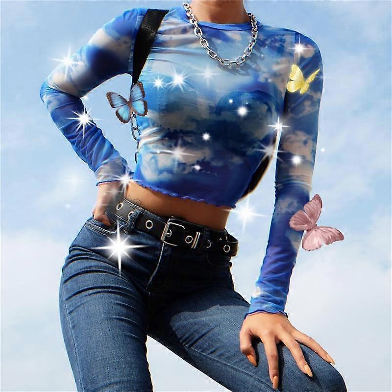 Malha de manga comprida Mulheres Crop Top T-Shirt Azul Céu Branco Nuvens Padrão