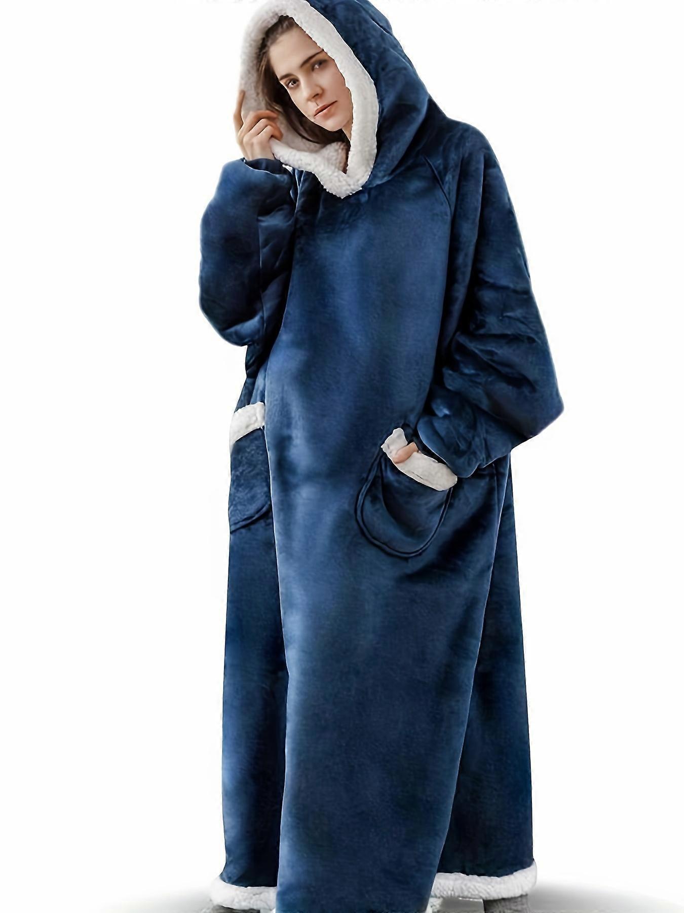 New style Plus Size Casual Loungewear Robe, Women's Plus Long Sleeve Oversized Flannel Hooded Wearable Fleece Blanket With Pockets