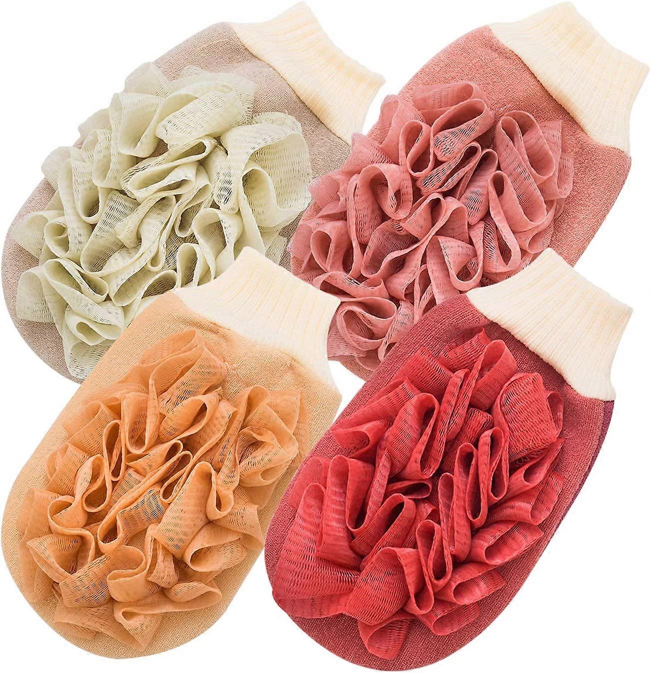 Exfoliating Body Shower Scrub Gloves Dual Use Double Sided Bath Towels 4 pcs (4-D-W)