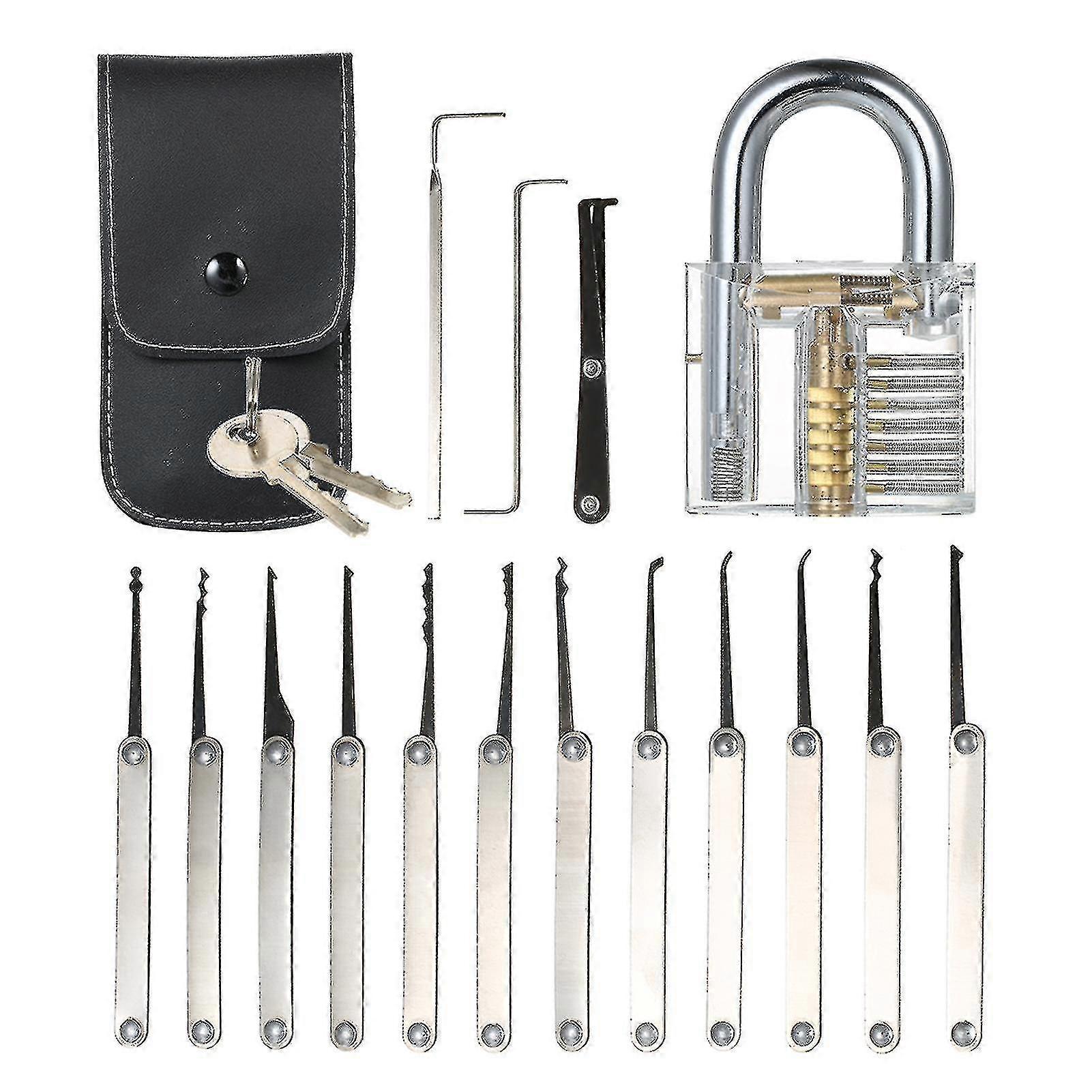 Transparent 15pcs Lock Picking Set Kit Tool With Transparent Practice Training Padlock Lock For Locksmith Beginners And Professional