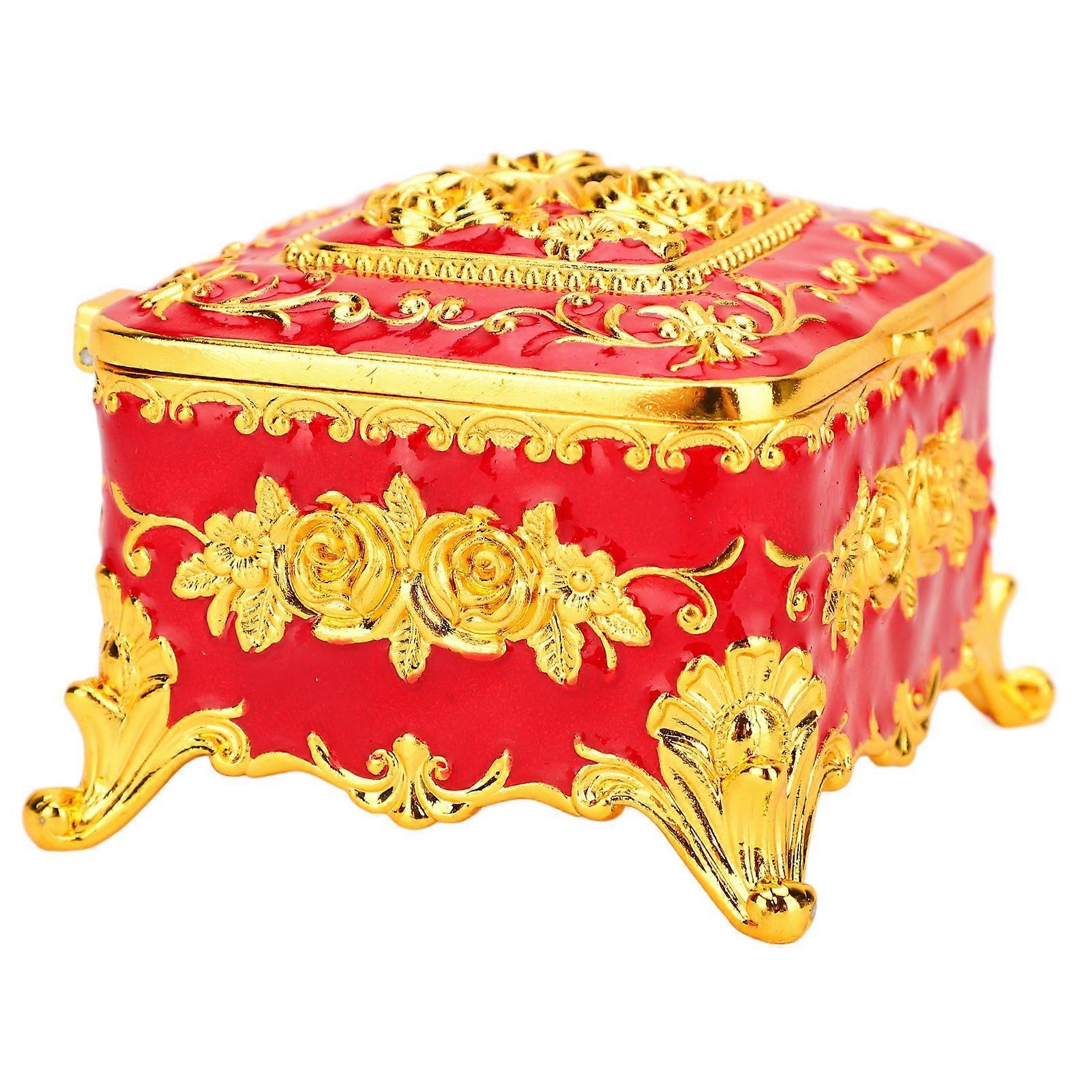 ヴィンテージメタルジュエリーボックスクラシックジュエリーオーガナイザージュエリー収納ボックス、ローズパターン、リング用、イヤリング、ネックレス、ゴールドレッド