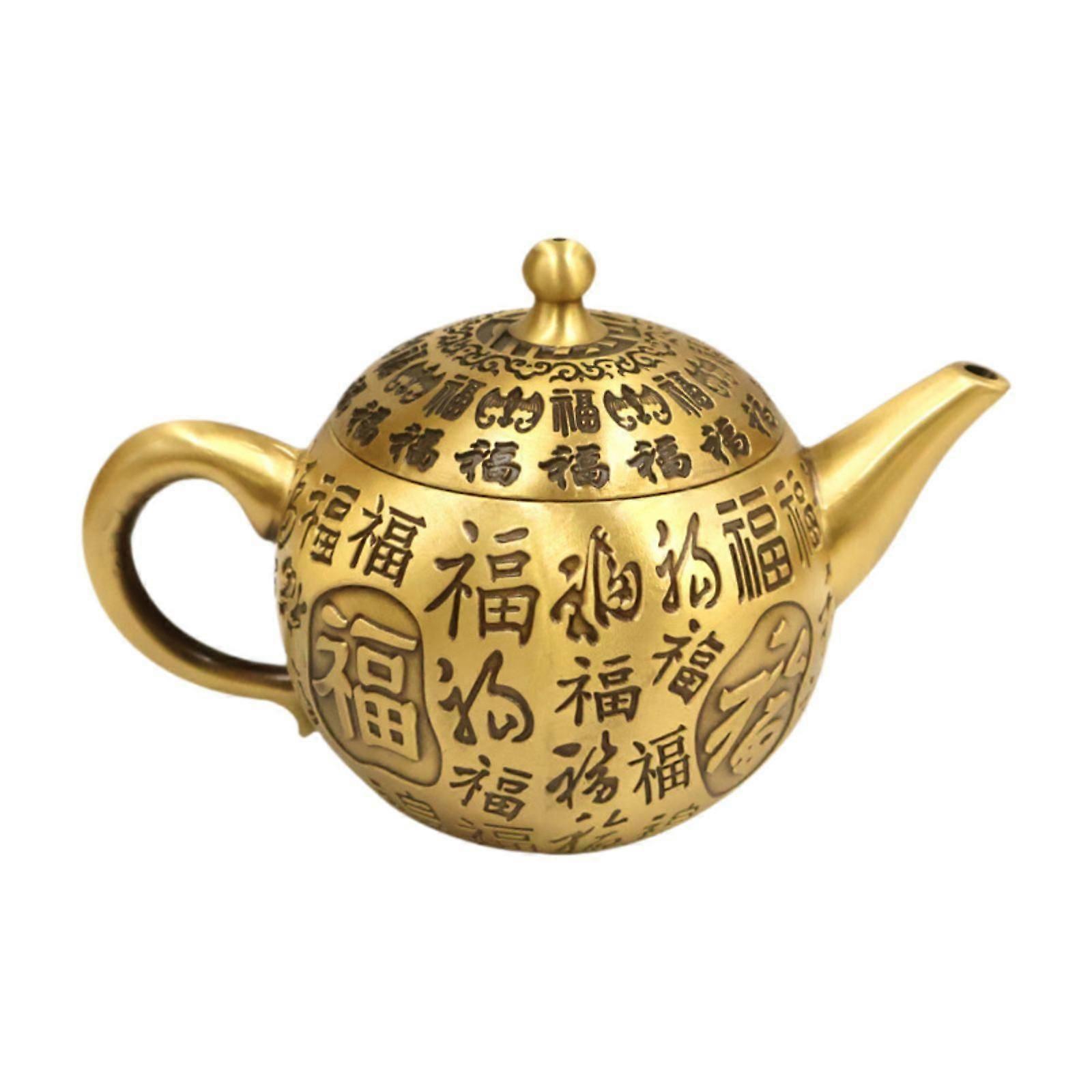 Brass Small Chinese Fu Characters Teapot 16x10cm Sturdy Feng Shui Decoration