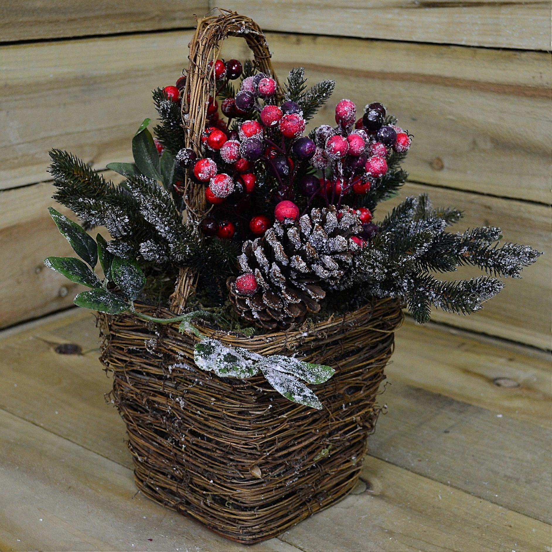 40Cm Decorative Festive Snow Effect Christmas Basket With Berries & Pine