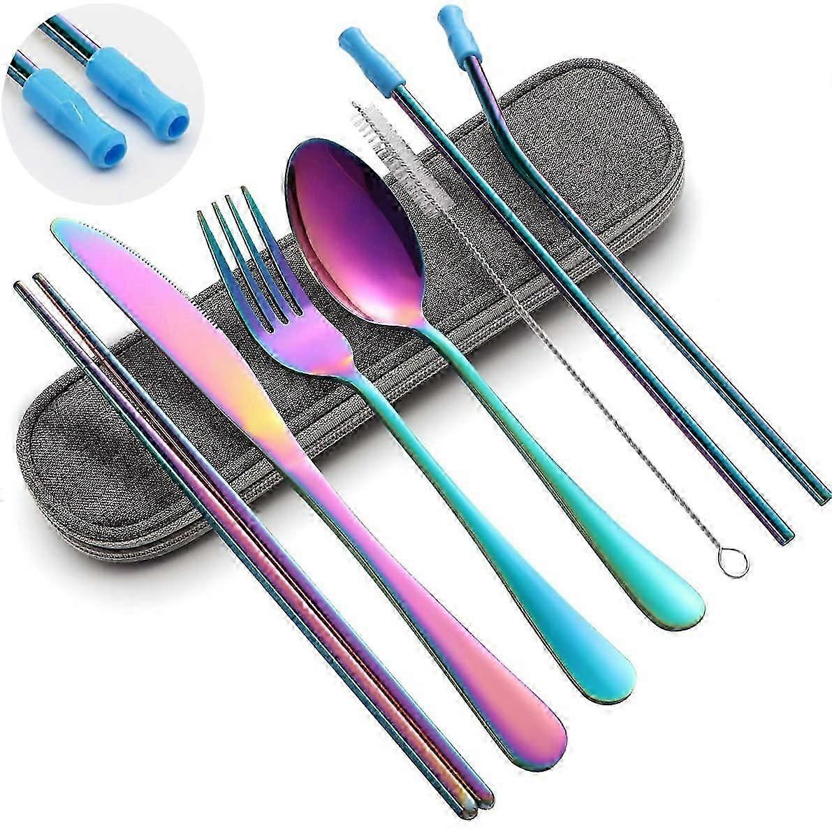 Travel Cutlery Set,Flatware Set Portable Utensils,Silverware Set Reusable Stainless Steel Tableware with Case Camping 8pcs Including Fork Spoon Chopst