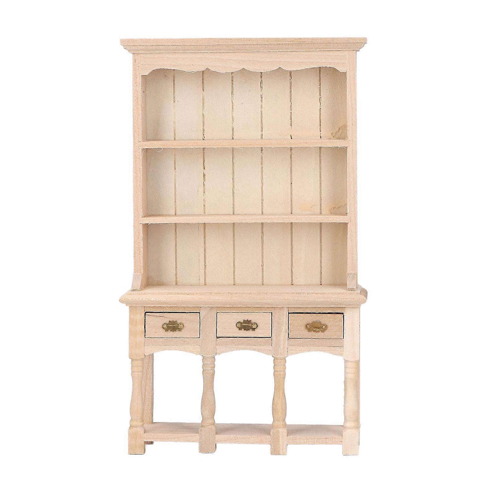 Dollhouse Bookshelf 1/12 Scale Miniature Bookcase with 3 Layer Drawer Design Classic Pure Wood Style for DIY Decor